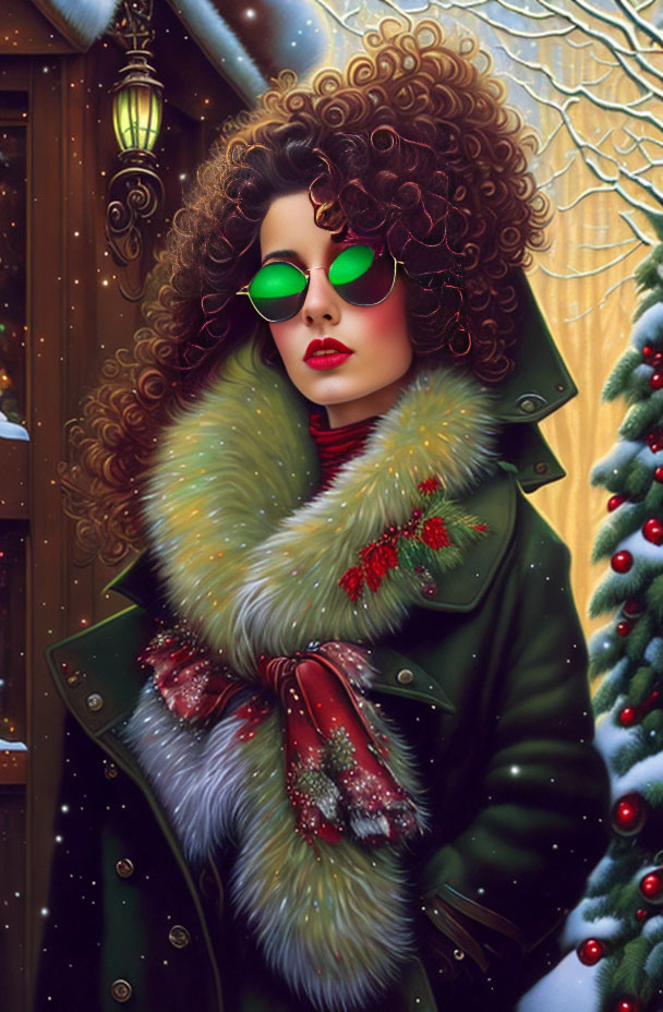 Stylish woman with voluminous curls in green sunglasses and fur-trimmed coat by snowy window