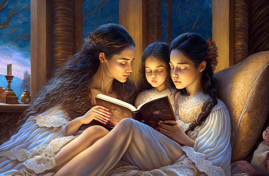 Three people reading book by candlelight under starry night sky