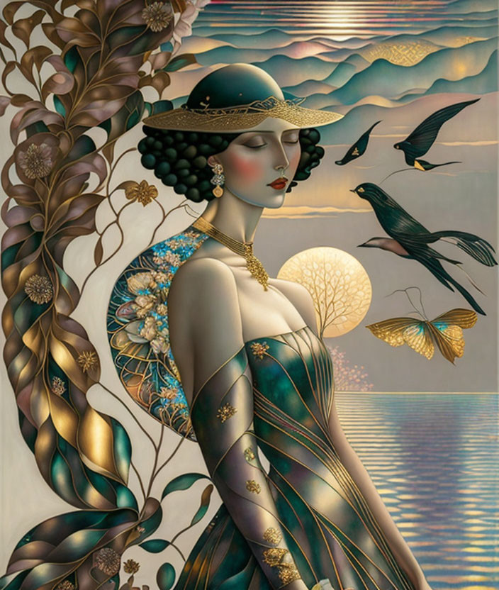 Art Deco-style woman with hat, birds, and nature motifs portraying elegance and serenity