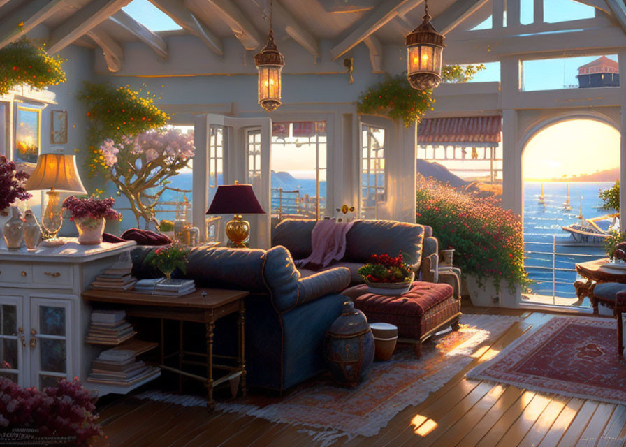 Sunlit Interior with Blue Sofa, Red Ottoman, Books, Plants, and Ocean View