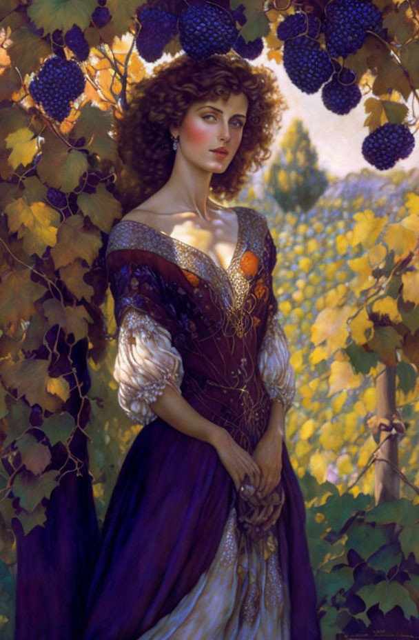 Vintage dress woman in grapevine vineyard scene.