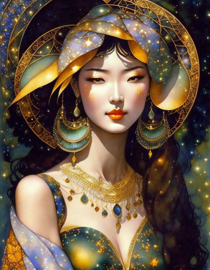 Stylized woman portrait with celestial attire and golden accessories