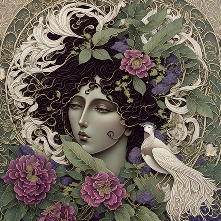 Art Nouveau Woman Profile with Floral Patterns and Bird