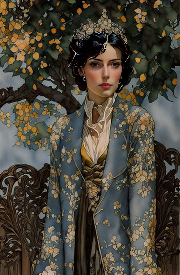 Stylized portrait of woman with vintage hairstyle, floral headdress, blue coat, against blooming