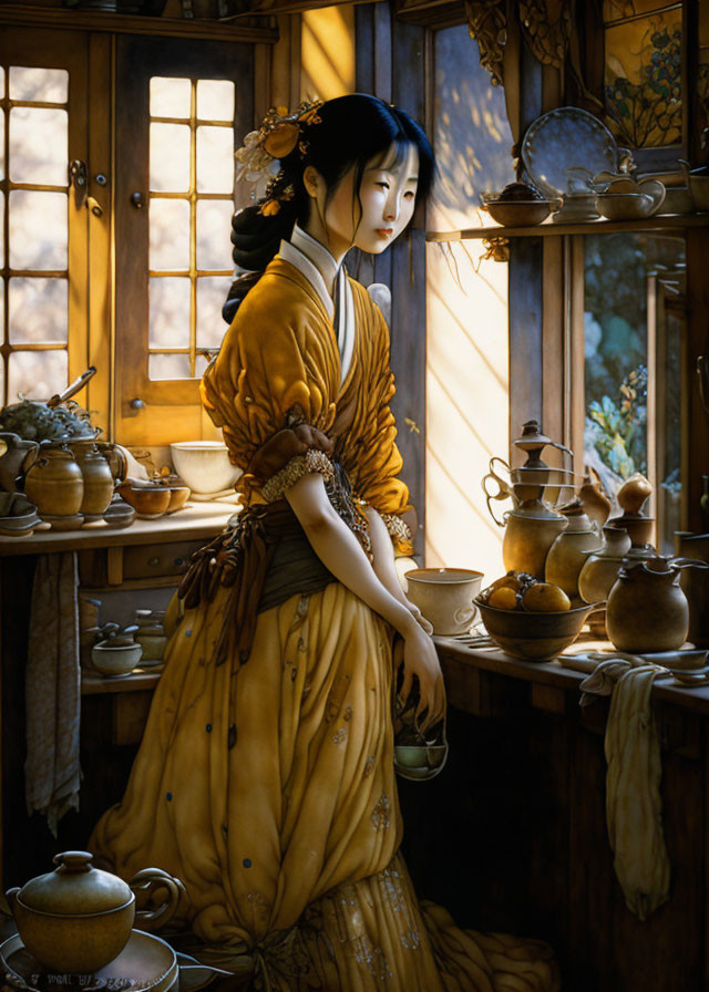 Traditional attire woman by window with pottery shelves in sunlight