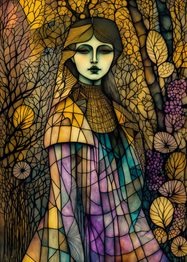 Portrait of person with pale skin and dark lips against autumn backdrop