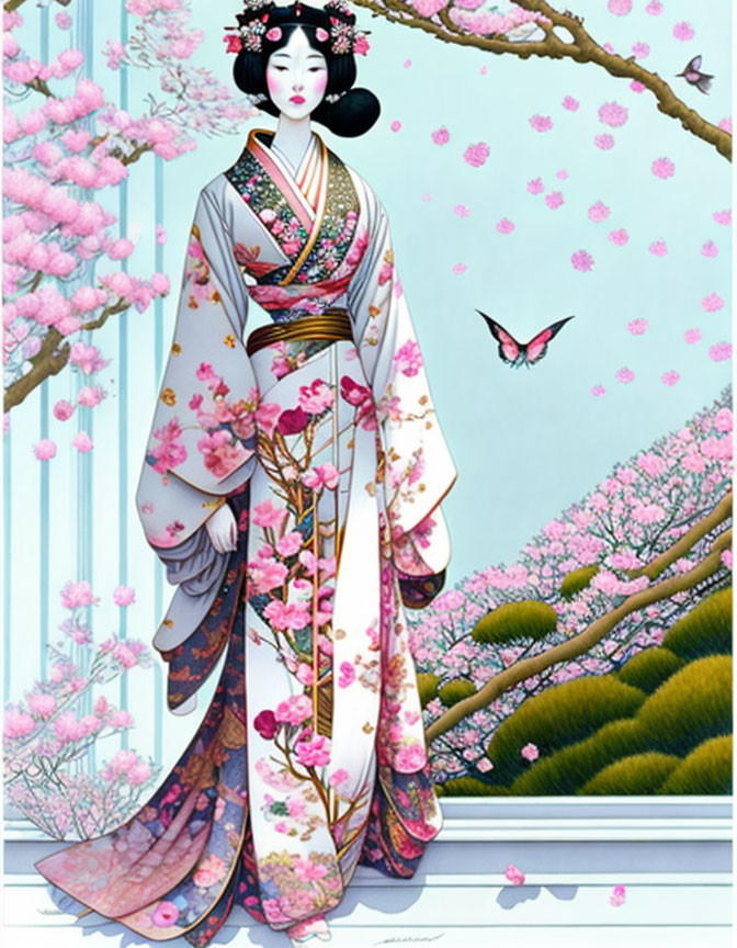 Geisha in floral kimono among cherry blossoms with butterfly.