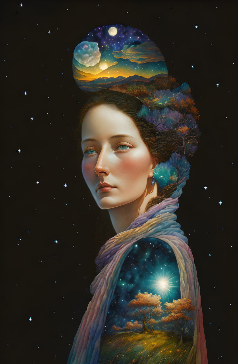 Surreal portrait of a woman with trees, stars, and moon on dark backdrop