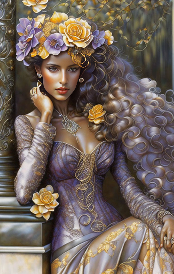 Illustrated woman with curly hair in purple dress and jewelry