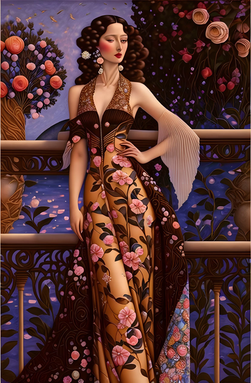 Illustrated woman in elegant floral gown against stylized floral backdrop