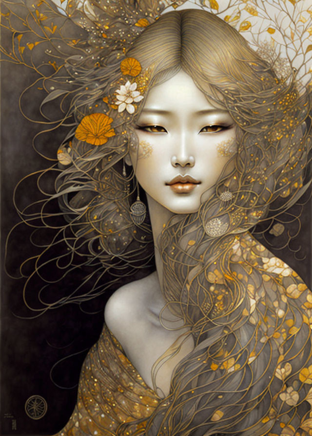 Portrait of serene woman with golden hair, floral adornments, intricate designs, and autumnal colors.