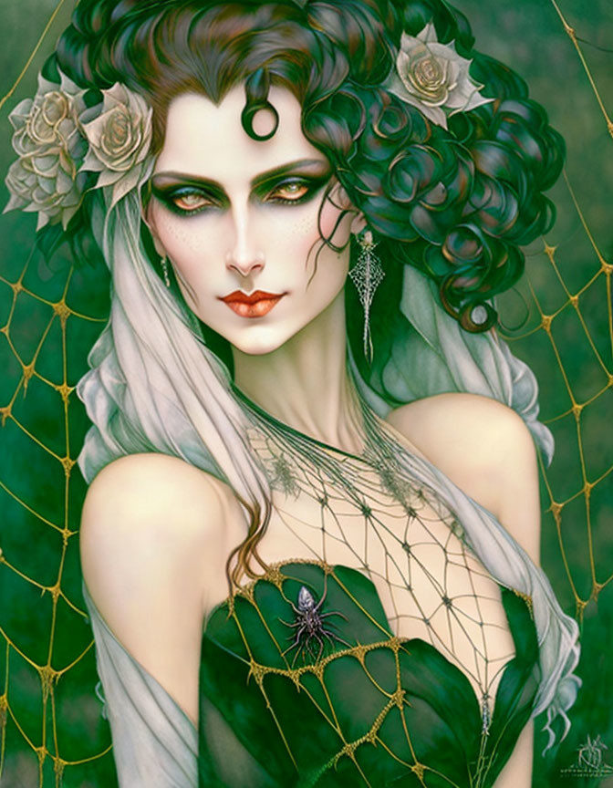 Gothic fantasy art: Pale woman with dark hair, green eyes, black dress, spiderweb