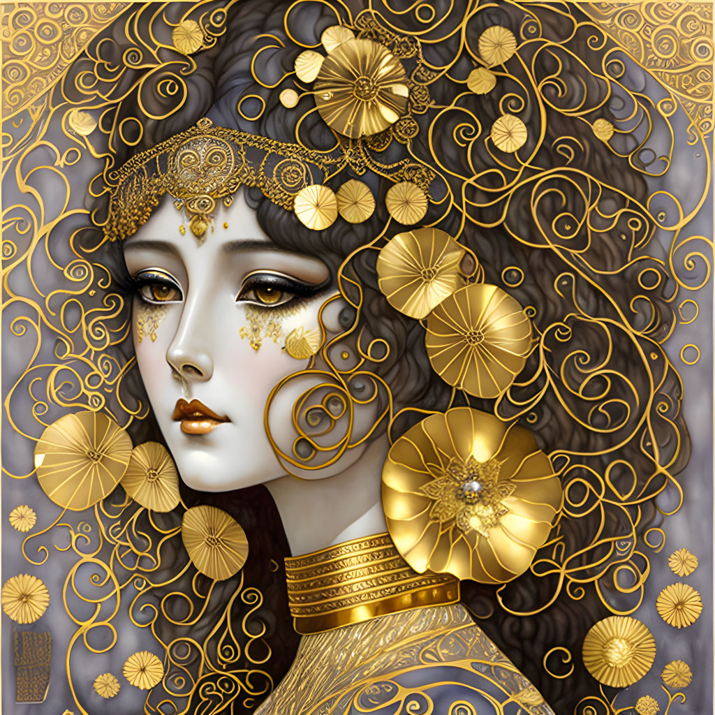 Detailed illustration of woman with golden jewelry and floral patterns