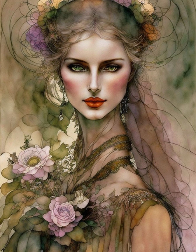 Fantasy female figure with green eyes and floral crown in mystical illustration