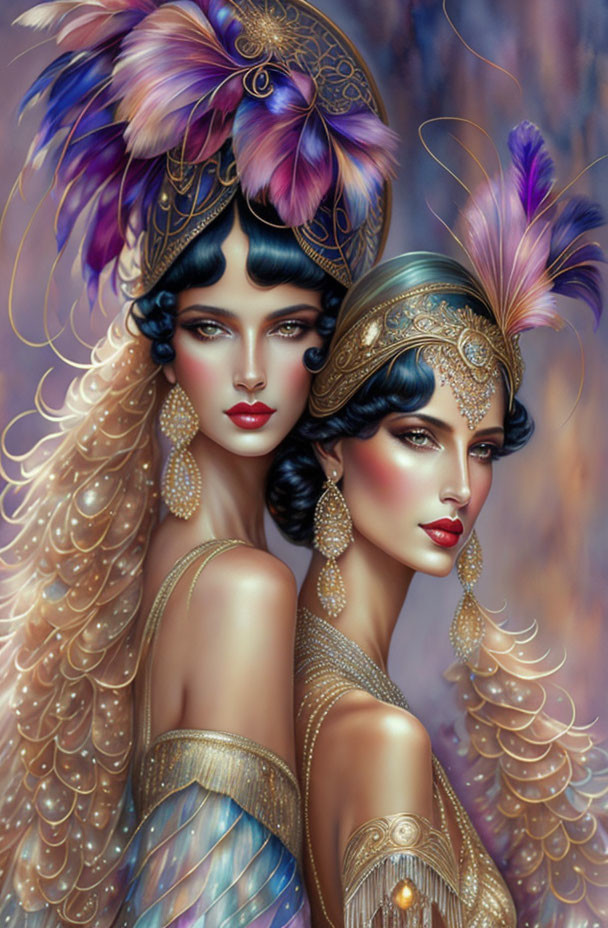 Stylized women with dramatic makeup and feathered headpieces in intricate jewelry and sequined garments.