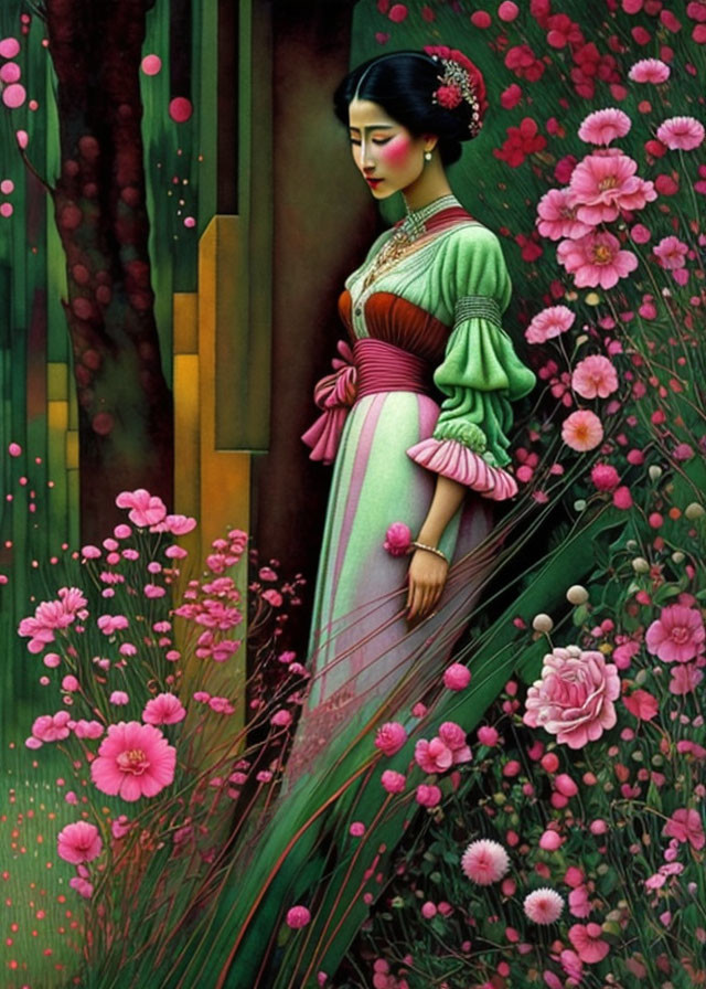 Traditional Asian Attire Woman Amidst Pink Flowers Painting