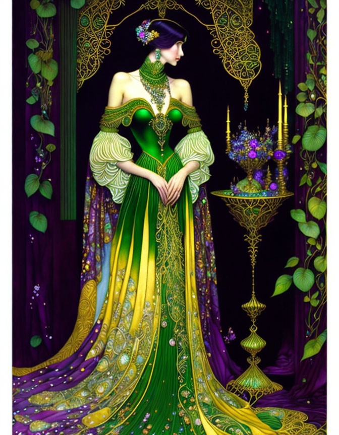 Detailed illustration of woman in green and purple gown beside candle-lit vase in lush setting