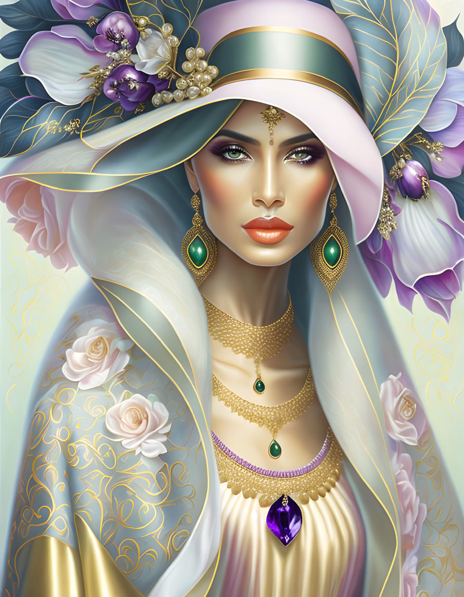 Illustrated woman in wide-brimmed hat with floral theme.