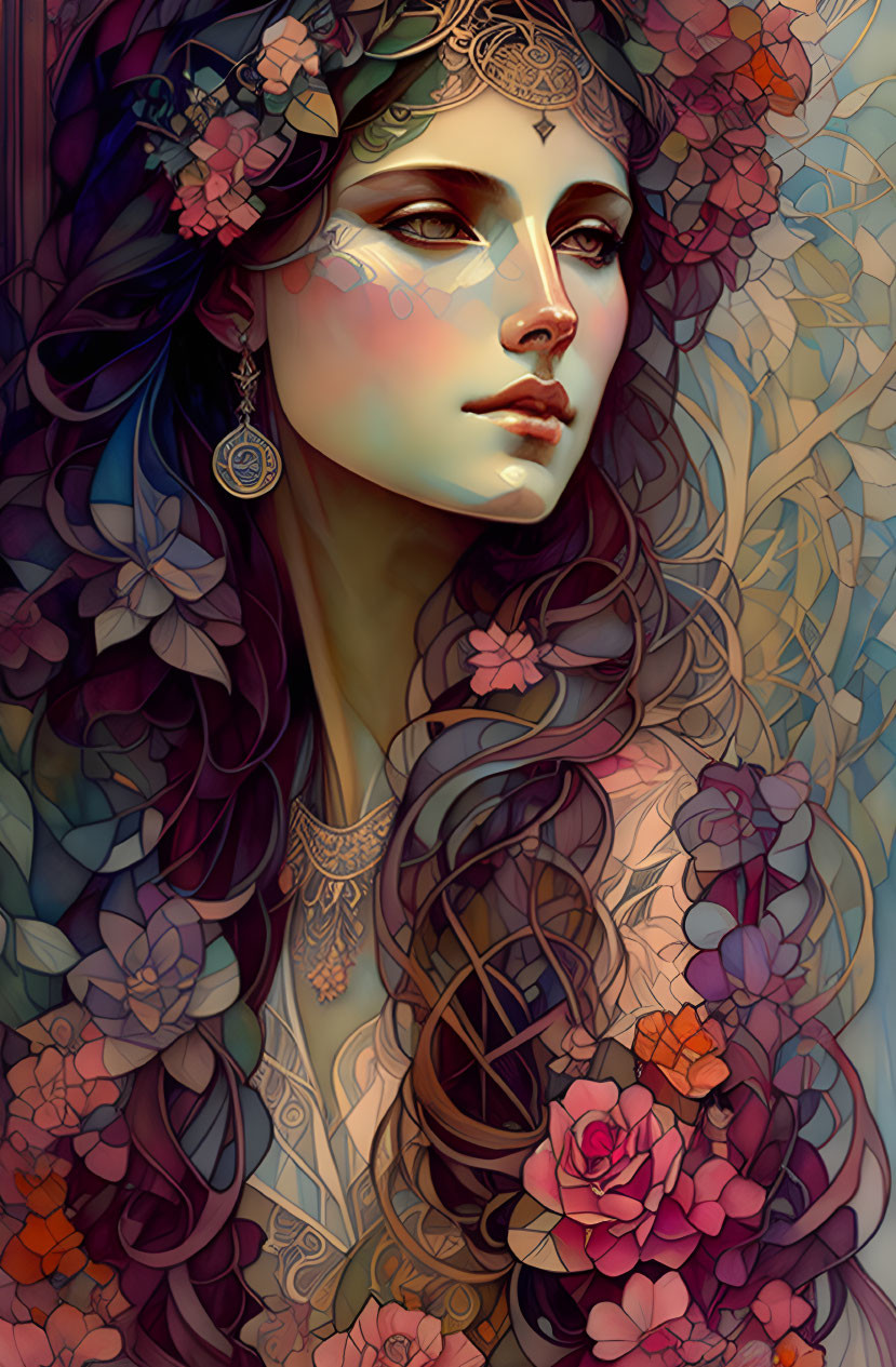 Illustrated woman with floral motifs and vibrant colors