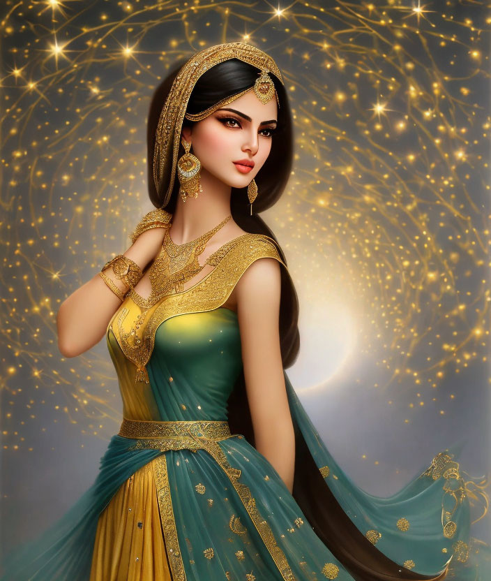 Illustrated woman in blue and gold traditional outfit with starry backdrop