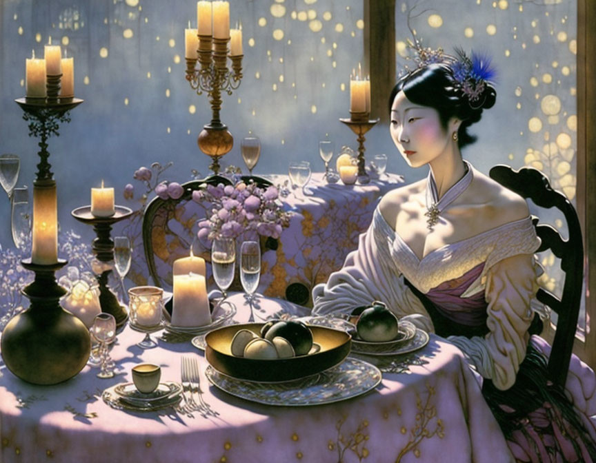 Traditional Attire Woman at Candlelit Table with Fruit and Flowers