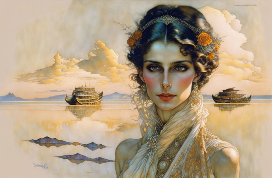 Fantasy portrait of woman with green eyes, ornate jewelry, surreal clouds, ships, and ocean