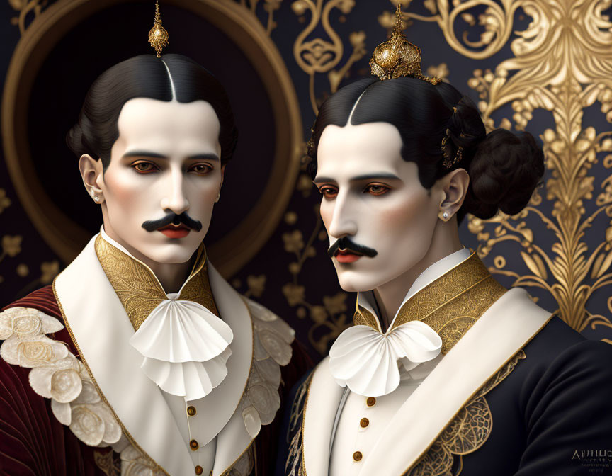 Twin regal figures in ornate historical attire with royal aesthetic