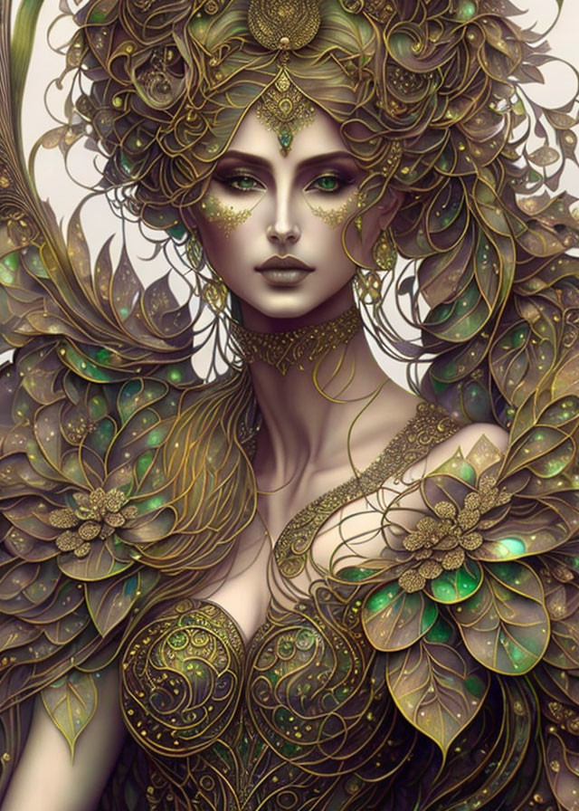 Ethereal female figure adorned with ornate golden jewelry and vibrant green accents in a fantastical setting