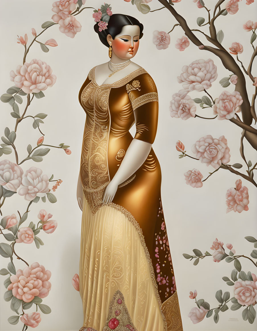 Traditional Indian Attire Woman Illustration with Golden Jewelry