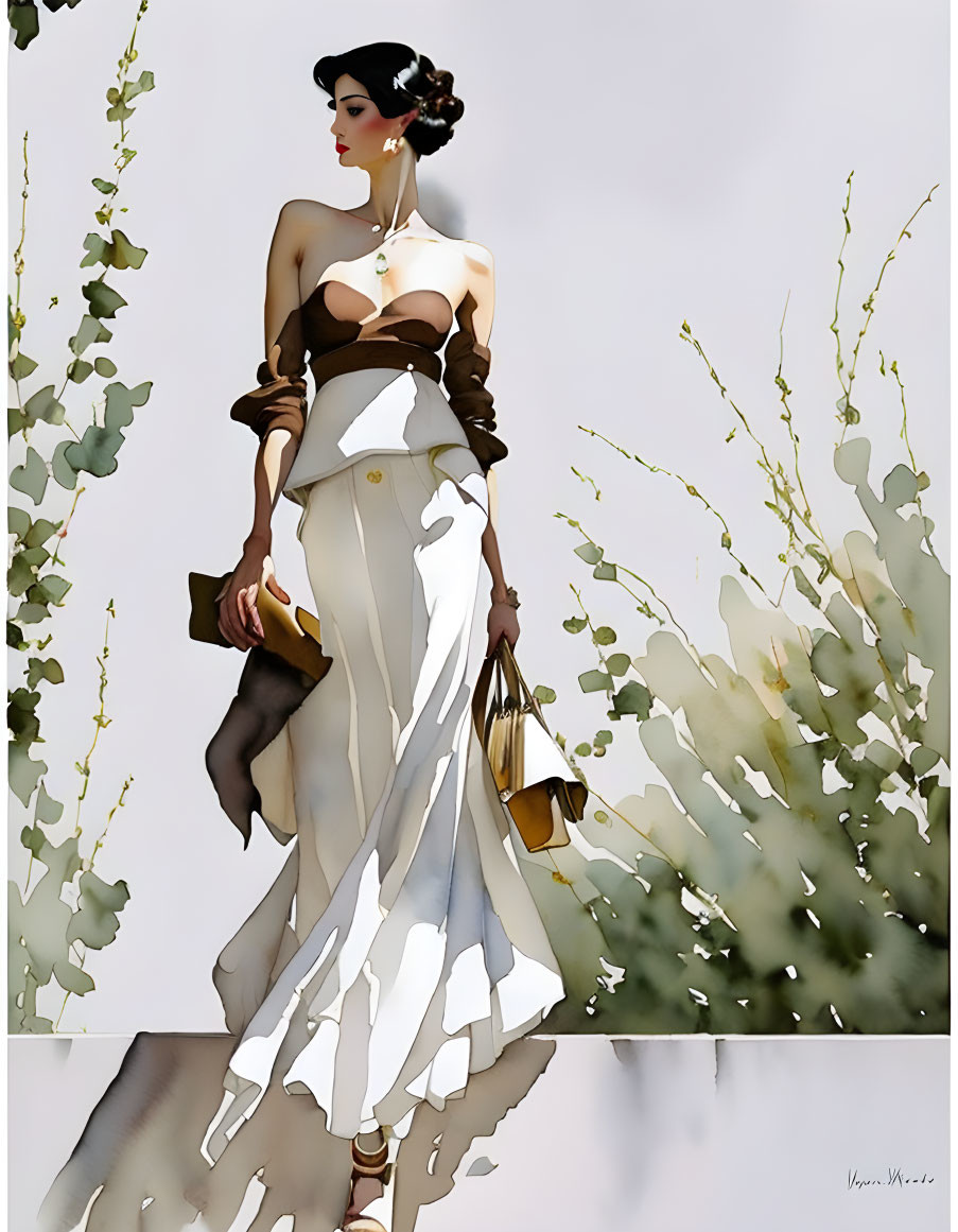 Stylish woman in cream skirt and brown corset top by green foliage