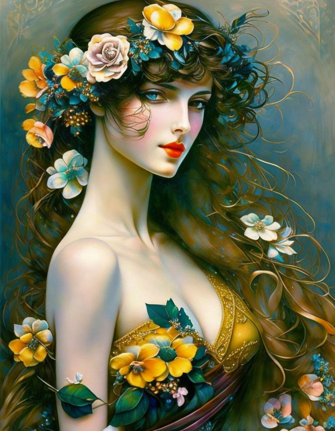 Portrait of woman with brown hair, floral crown, golden attire, in dreamy blue setting