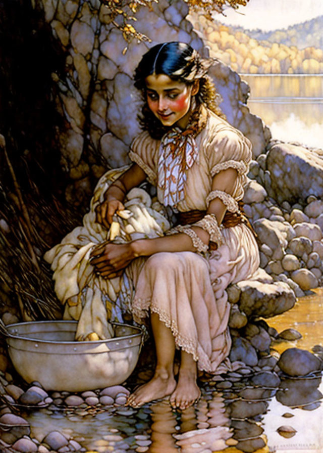 Traditional woman washing clothes by riverbank with serene landscape