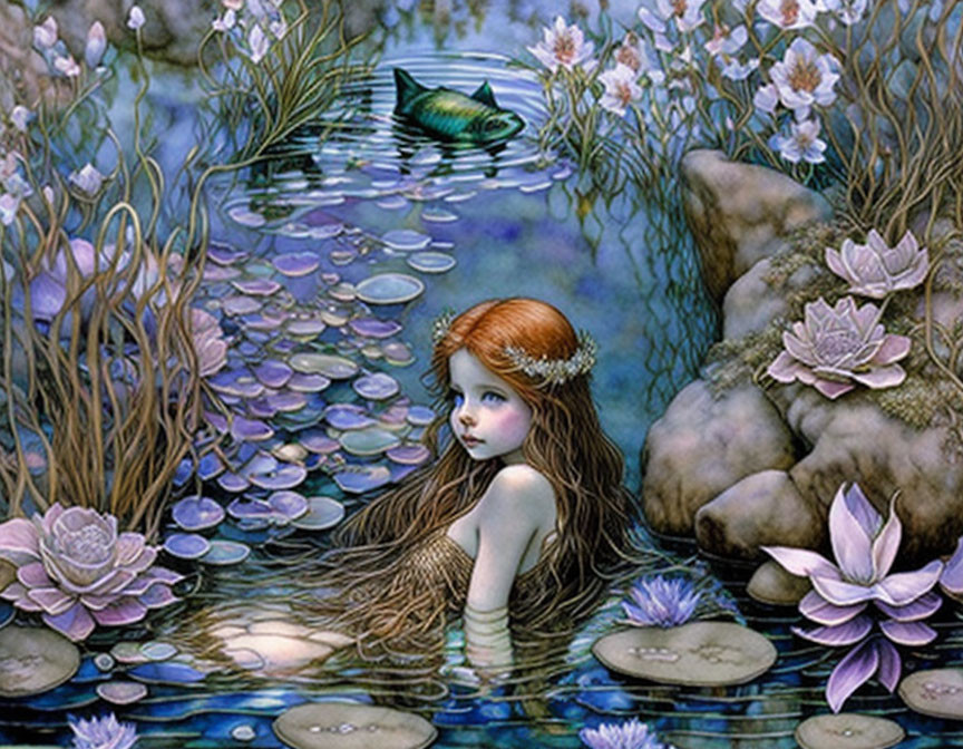 Young girl submerged in water surrounded by lily pads, flowers, and a leaping fish in a