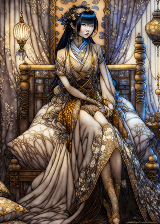 Illustrated woman in Asian dress on ornate throne with lanterns