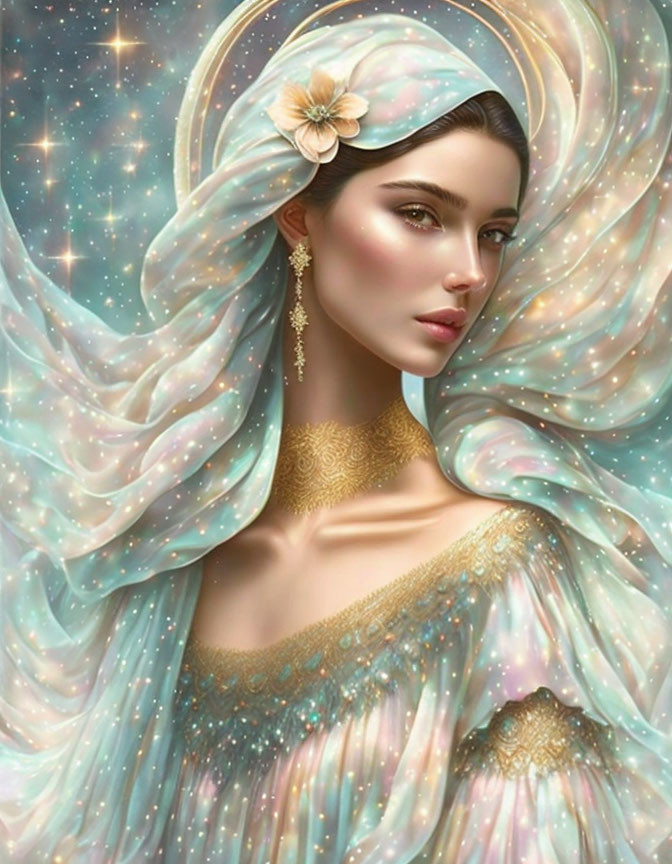 Ethereal woman with starry headdress in shimmering blue robe