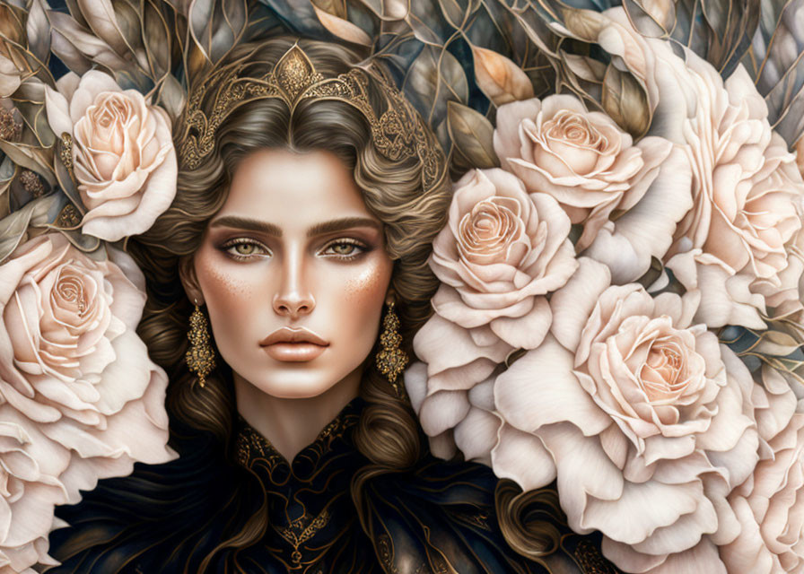 Regal woman portrait with crown, roses, detailed eyes, dark hair