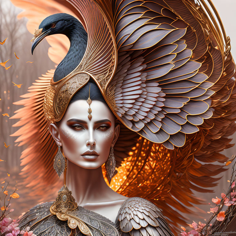 Woman and bird digital artwork: golden and bronze feathers, intricate jewelry, mythical ambiance