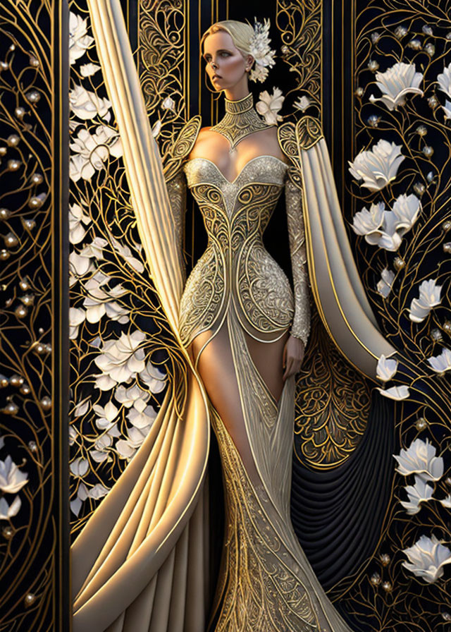 Woman in Ornate Gold and Black Dress with Floral Accents in Art Nouveau Style