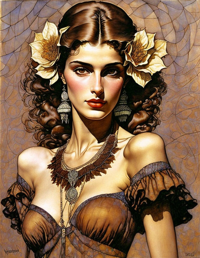 Illustrated portrait of woman with curly brown hair and yellow flowers, wearing translucent blouse and feathered necklace