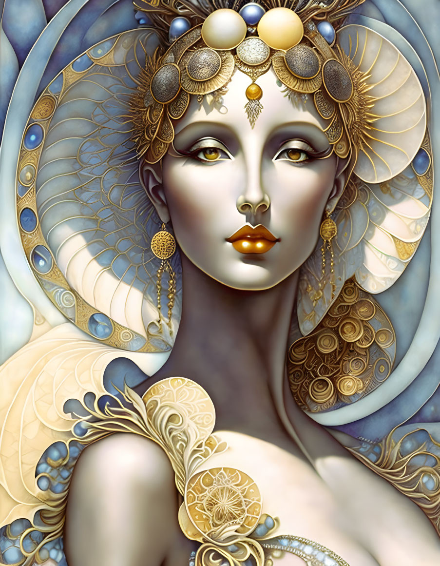 Woman adorned with ornate gold jewelry and blue headdress illustration