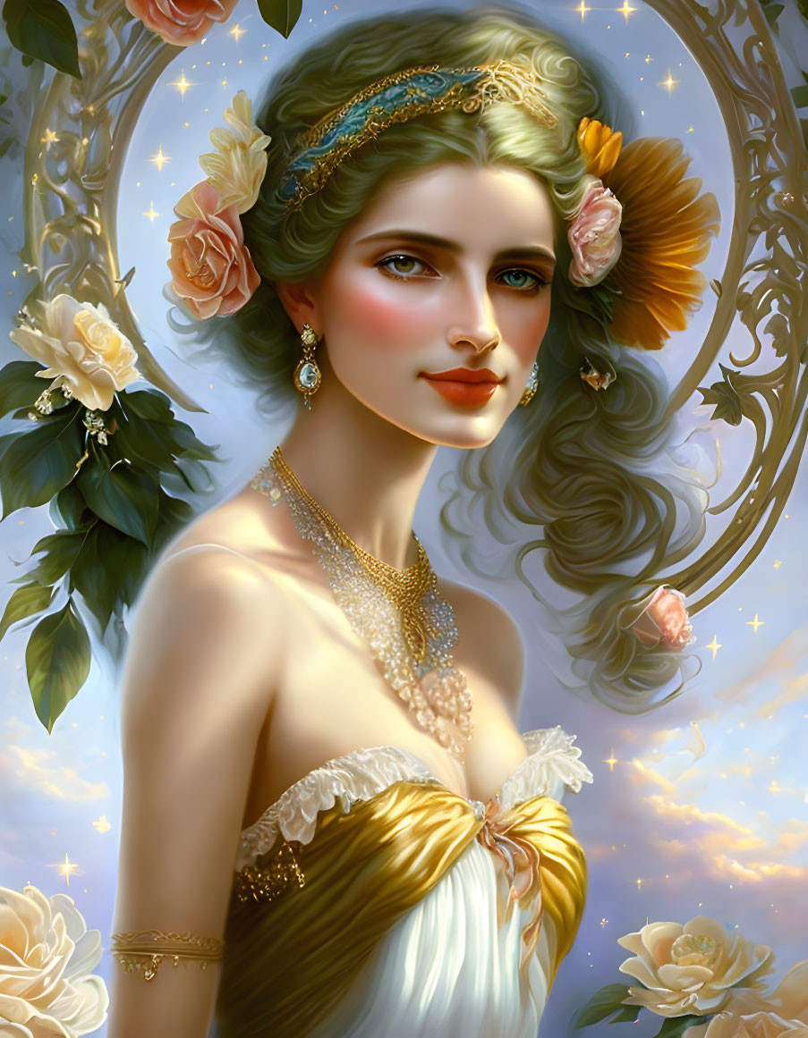 Ethereal woman with roses and jewels in golden frame