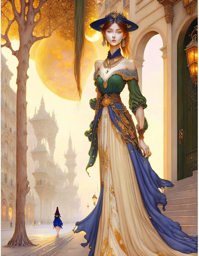 Fantasy regal attire illustration of elegant woman in sunlit cityscape