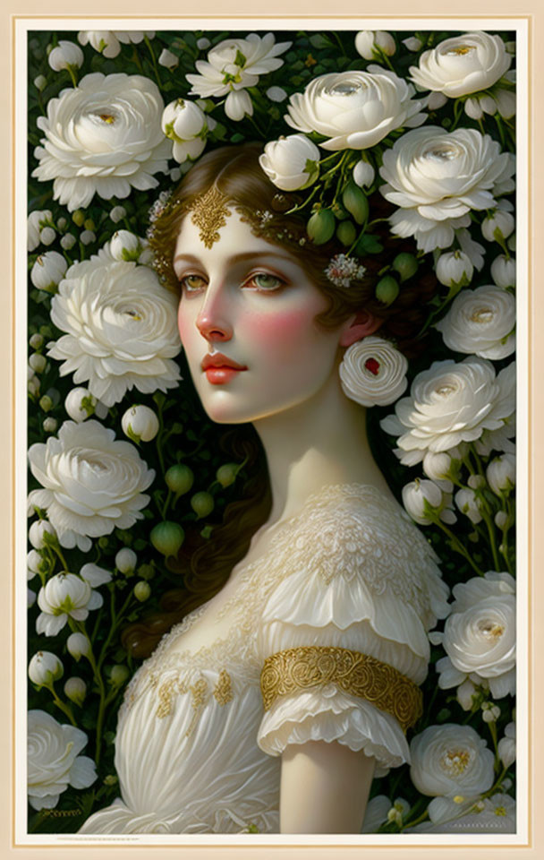 Portrait of Woman with Fair Skin & Brown Hair in Floral Headpiece surrounded by White Flowers & Greenery