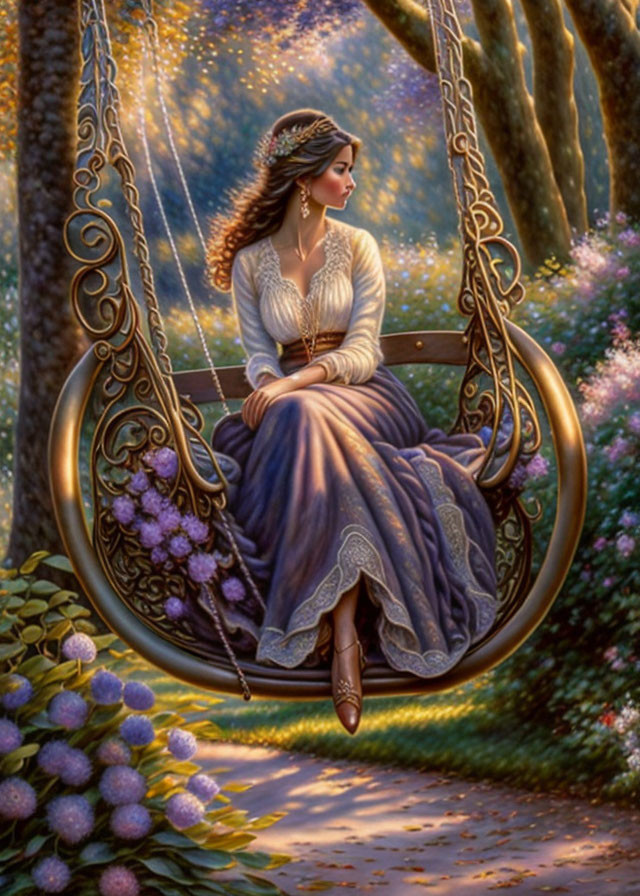 Vintage-dressed woman on golden swing in lush forest