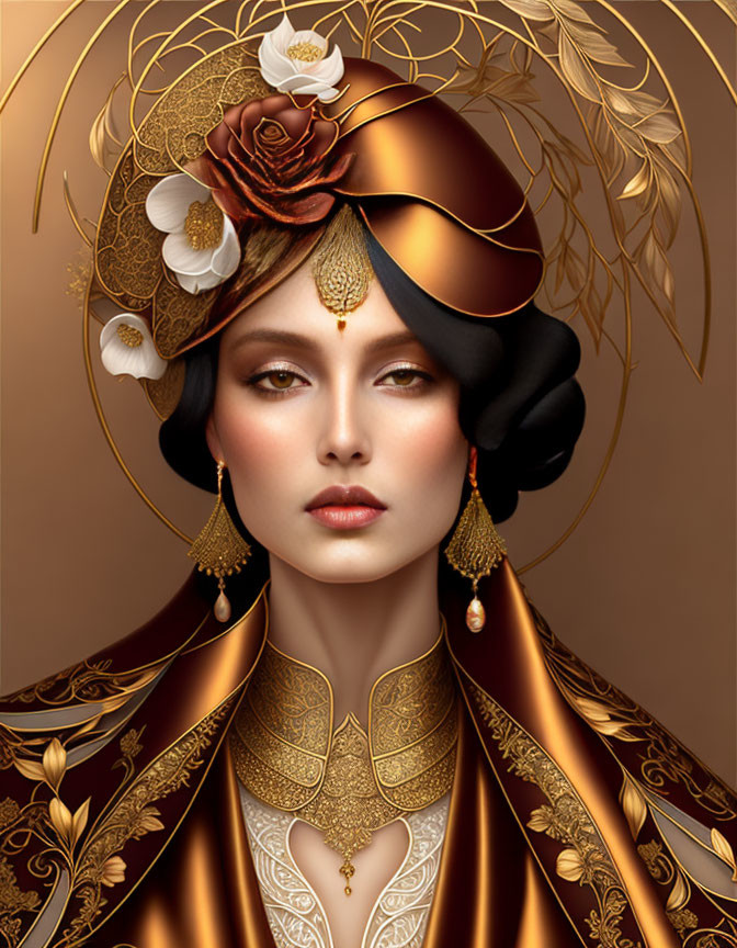 Detailed Illustration of Woman in Ornate Gold Attire on Warm Background