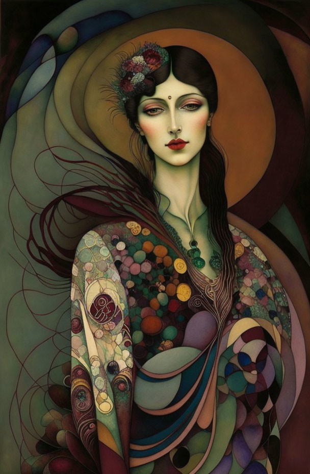 Illustrated woman with ornate features in abstract earthy tones.