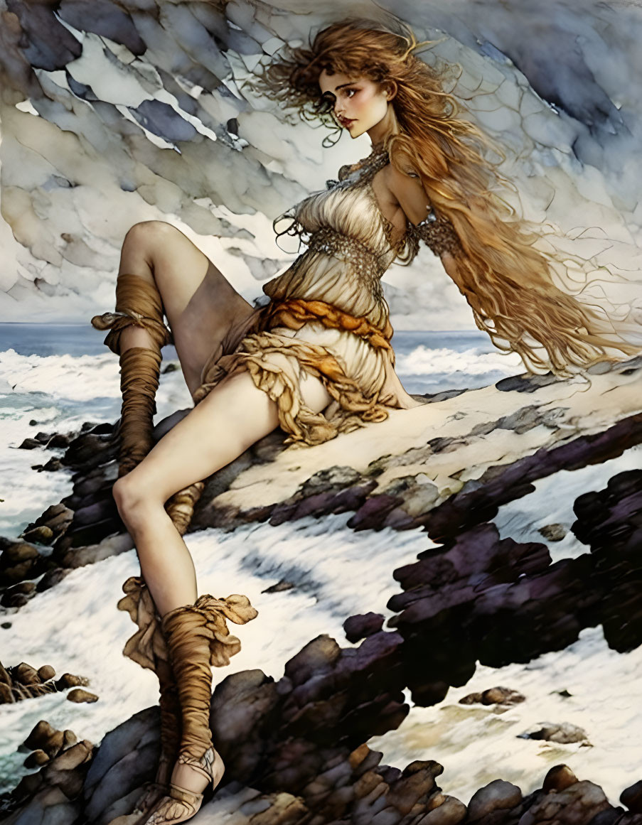 Fantasy illustration of woman with long hair on rocky shore