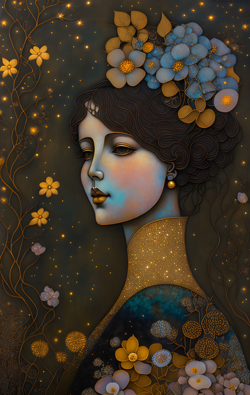 Detailed woman illustration with floral patterns on hair and shoulders against golden starry backdrop