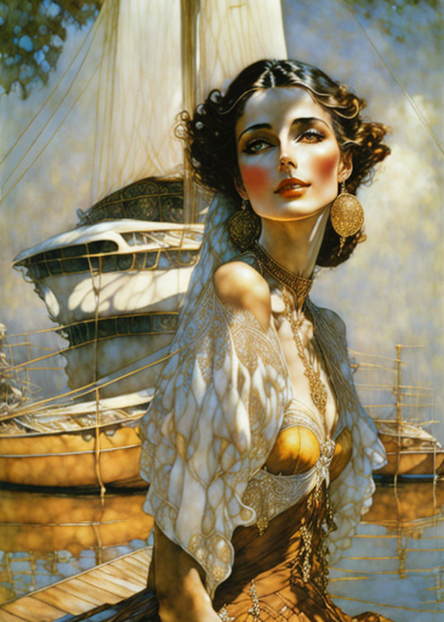 Illustration of woman with large earrings in white garment against ship sails and warm light