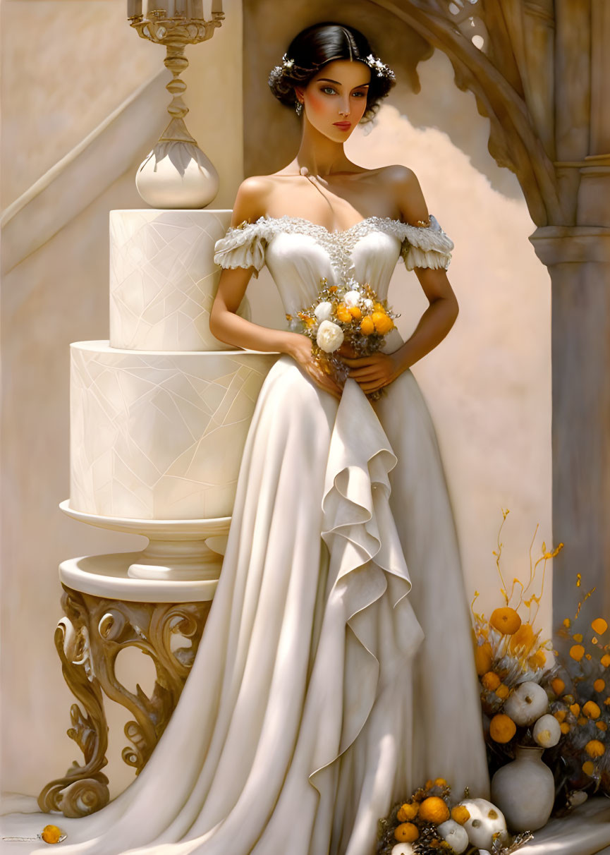 Bride in white gown with bouquet next to tiered wedding cake